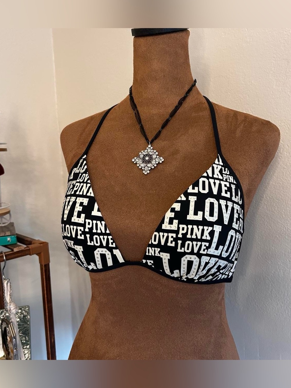 Black + White PINK Rhinestone Logo Triangle Push Up Bikini Top Victoria’s Secret